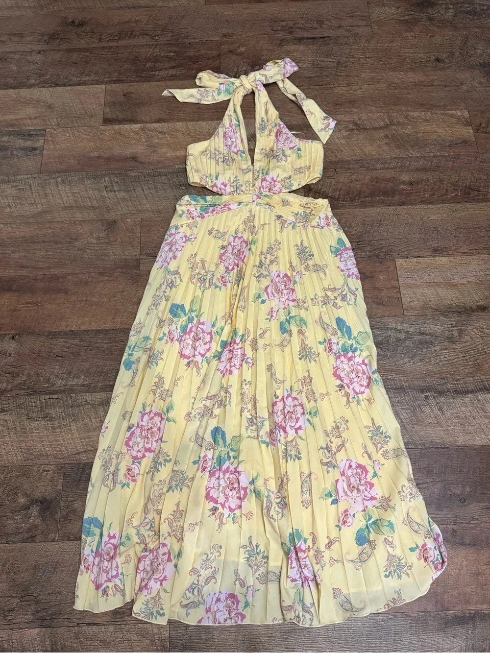 Abercrombie & Fitch Yellow Floral Giselle Plunge Halter Maxi Dress NWT